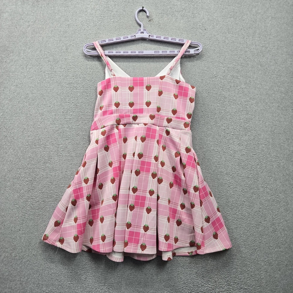 Hot Topic Women Dress L Pink Strawberry Plaid Lace Up Mini Fit & Flare V Neck - Picture 7 of 8